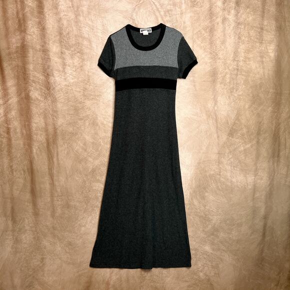 Vintage 90s Maurices Fleece Short Sleeve Sweater Maxi Dress Black Fray Women's M - Picture 1 of 5